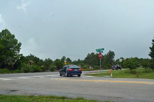 FHP is investigating why Juan Godoy, the driver of a pick-up truck that was at the stop sign on Pine Grove, pulled out in front of a motorcyclist Sunday morning, killing him. (© FlaglerLive)