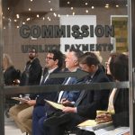 Ken Belshe, third from right, with his attorneys at the Jan. 22 meeting of the Flagler Beach City Commission, which approved the annexation of Veranda Bay on first reading. The commission is facing a possible lawsuit from the county if issues related to the Summertown annexation and, soon, the Veranda Bay annexation, are not resolved. (© FlaglerLive)