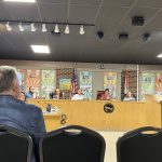 Not a good night for Ken Belshe, left, the representative of Veranda Bay and its associated development, Summer Town, and his attorney, Mike Chiumento, seen here addressing the Flagler Beach planning board before the board rejected recommending annexing the developments. The proposal goes before the Flagler Beach City Commission Thursday. (© FlaglerLive)