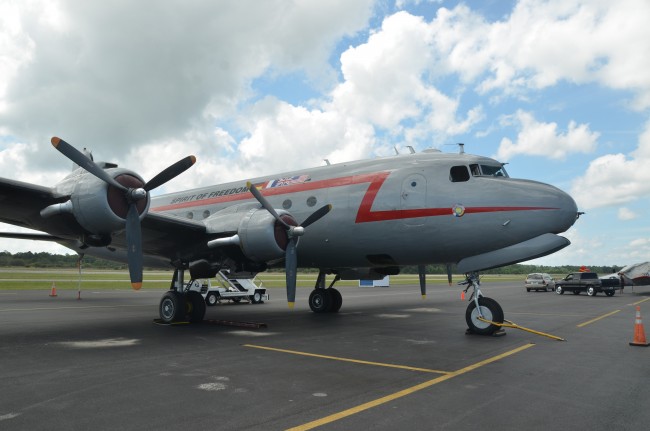 The Spirit of Freedom, a C-54 that flew in the Berlin Airlift of 1948-49 and is now a flying museum, will be at the Flagler County Airport through Sunday for Wings Over Flagler. Click on the image for larger view. (© FlaglerLive)