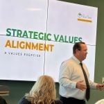 Acting Palm Coast Deputy City Manager Kyle Berryhill addressing the council and the city's directors at the Southern Recreation Center Monday. (© FlaglerLive)