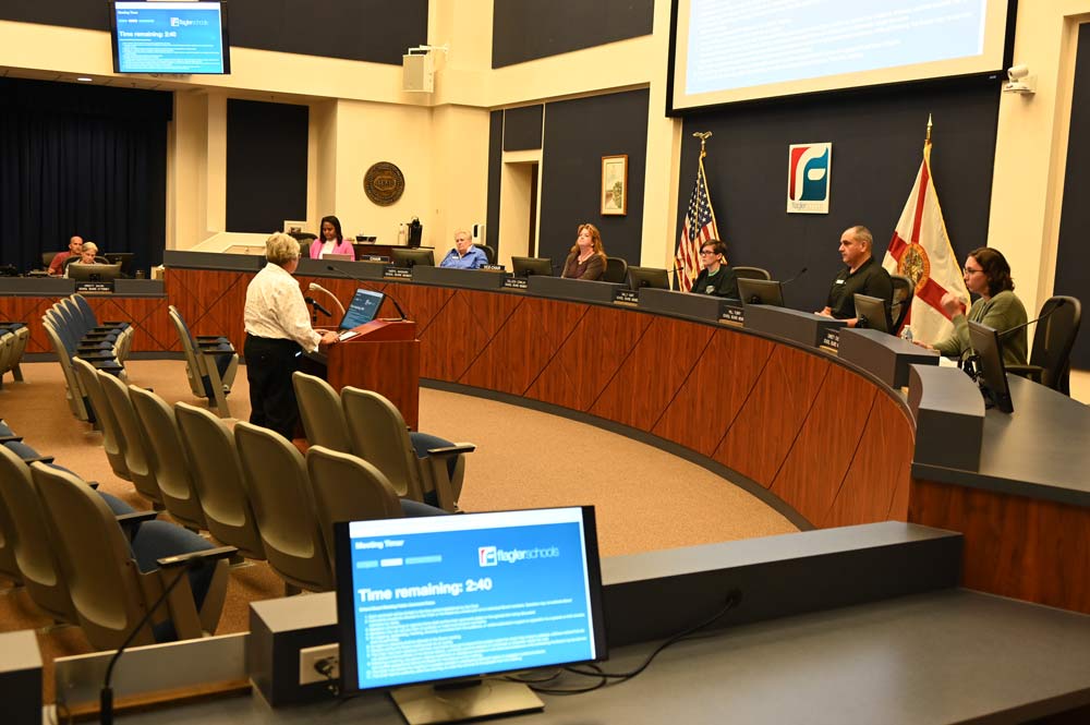 Beth Keer, the legal guardian of a student at Matanzas High School and a former human resources director for a national behavioral health organization, addressed the school board at its last meeting on Oct. 26, when it set the parameters of firing School Board attorney Kristy Gavin, without stating just cause. ". This is a high risk termination which could result in a claim of wrongful discharge, which could be in this particular case, I would say, in excess of a $500,000 claim or potentially an EEOC claim," Keer told the board. "It appears to me that it's a desire by some board members to terminate Ms. Gavin's contract not based on facts but rather based on personal agendas." (© FlaglerLive)