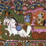 This famous scene from the Bhagavad Gita, featuring the god Krishna with his cousin, Prince Arjuna, on a chariot heading into war.