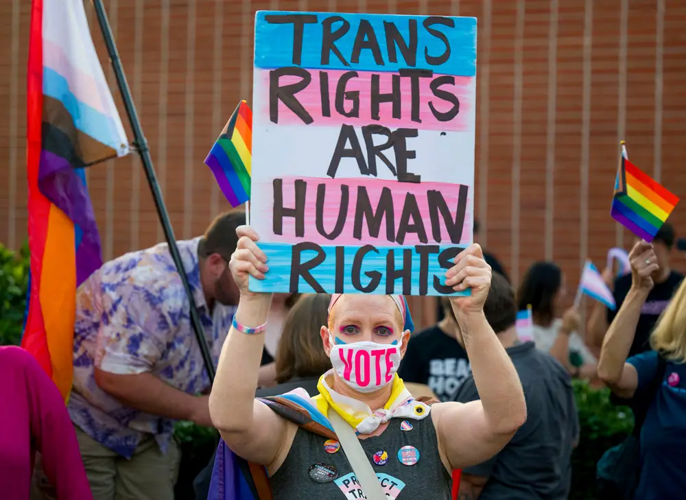 A California teacher takes part in a demonstration in September 2023 to support the rights of transgender people. 