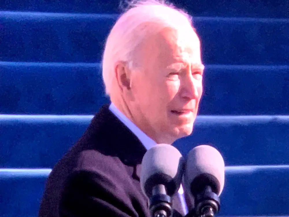 Joe Biden during his inauguration speech today. (© FlaglerLive via inauguration video)