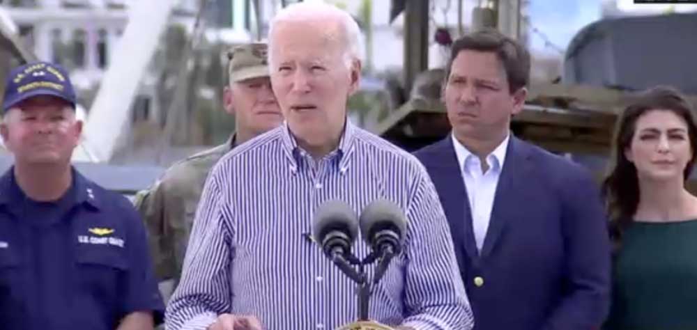 President Joe Biden and Gov. Ron DeSantis speaking to reporters in Fort Myers Beach today. (C-SPAN screenshot)