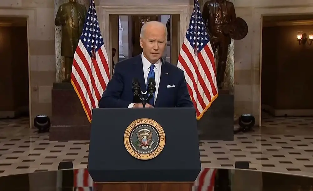 President Biden delivering his speech today from the Capitol, in a screen capture from the video feed. 