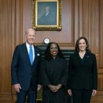 President Joseph R. Biden, Jr. and his Supreme Court nominee Ketanji Brown Jackson and Vice President Kamala Harris just before the investiture ceremony for Jackson on September 30, 2022 in Washington, DC. Supreme Court of the United States via Getty Images