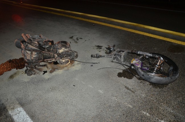 The UKC motorcycle was split and incinerated in the collision. Click on the image for larger view. (© FlaglerLive)