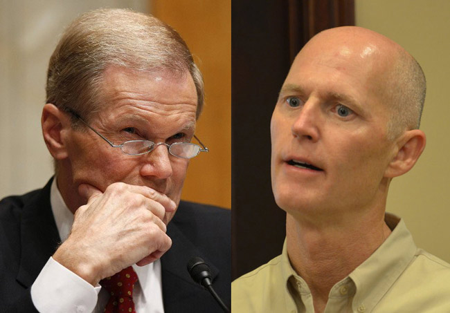 Sen. Bill Nelson, left, in a stop in Tallahassee, is blaming Rick Scott for not putting to work federal dollars designed to help those hardest hit by the mortgage meltdown. (Facebook and © FlaglerLive)