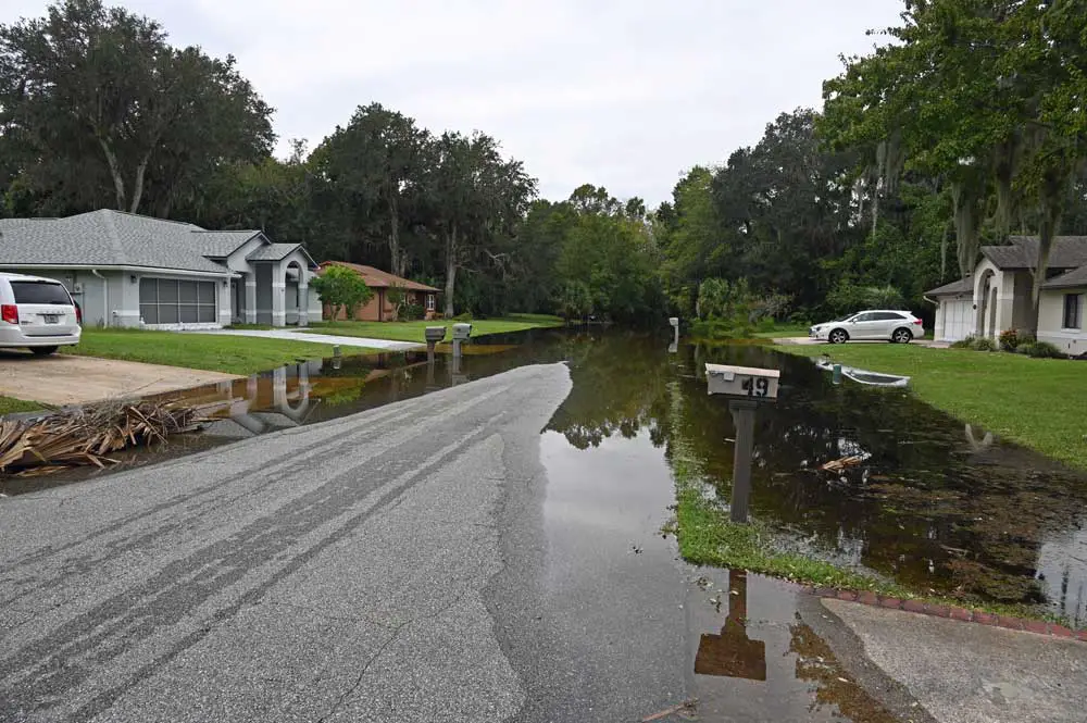 Water was rising Friday evening in places like Black Alder Drive in Palm Coast's Woodlands, and city officials are fearful that the water, overflowing from Graham Swamp, may keep rising for a while. (© FlaglerLive)