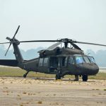 A Black Hawk helicopter at Flagler County airport in 2011, when it was one of three sent there with the Florida National Guard to help fight wildfires. (© FlaglerLive)