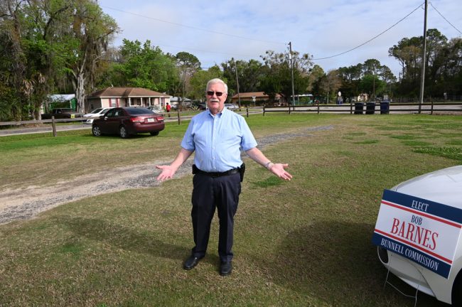 Bob Barnes, an incumbent, was the only candidate at the Bunnell voting location this morning. (© FlaglerLive)