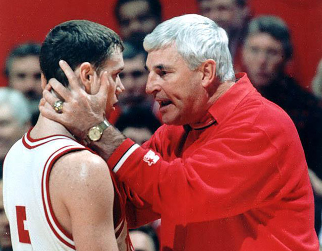 Bill Reed, left, and Bobby Knight, whose intemperate moments were more often glorified than disciplined. Until Reed stopped him. (CBS Sports)