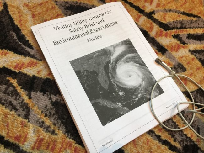 A 60-some page safety booklet all electrical contractors from out of state brought in to help with repairs are receiving before getting deployed. (c FlaglerLive)