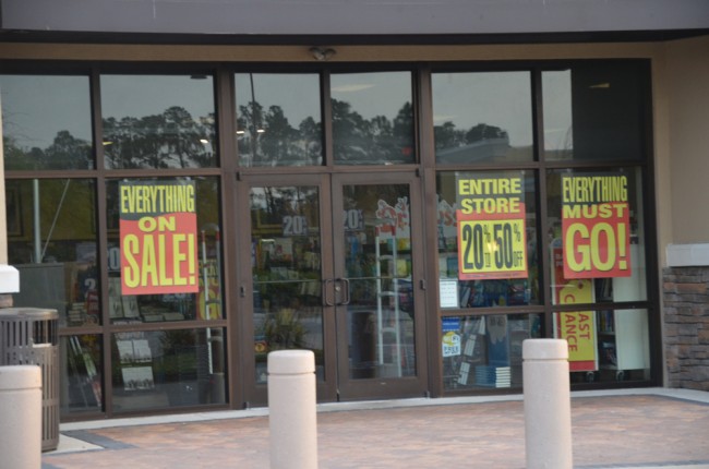 The signs at Palm Coast's Books A Million this morning. (c FlaglerLive)