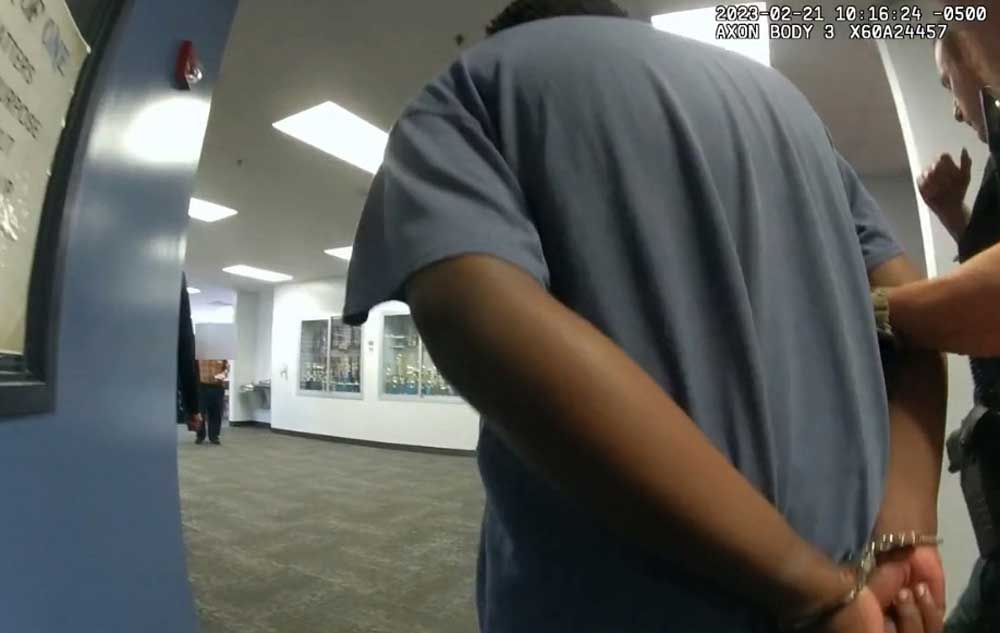 Brendan Depa being led away at Matanzas High School after the Feb. 21 incident, in a capture from body cam footage. 
