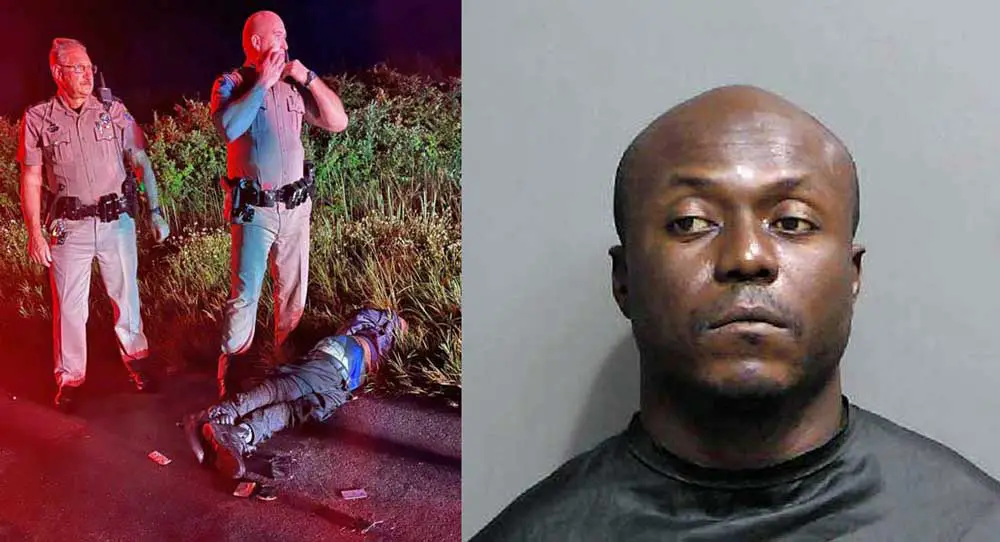 Isaac Brevil when he was arrested by Florida Highway Patrol troopers after a car chase on I-95 a month ago, and in his Flagler County mugshot. 