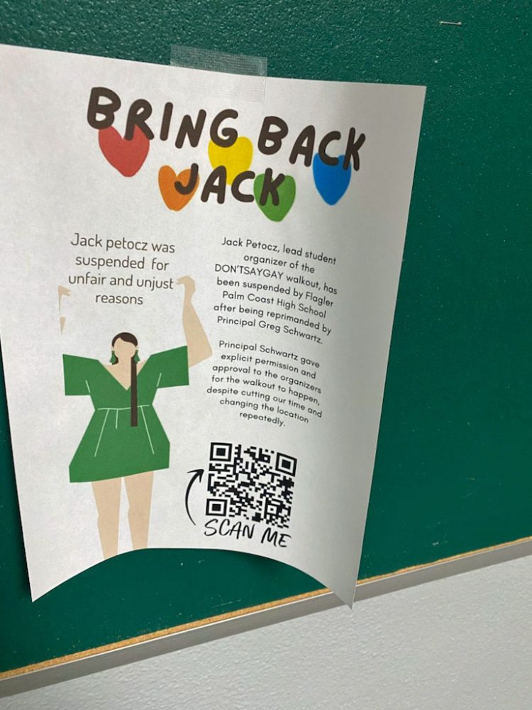 Flyers like the one above have been appearing around FPC's hallways since the suspension of Jack Petocz. (© FlaglerLive) 