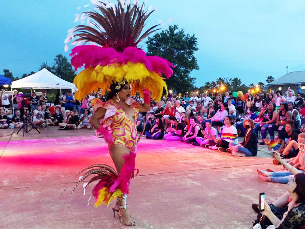 Drag Queen Brittany Moore during her performance at Central Park Saturday evening. (© FlaglerLive)