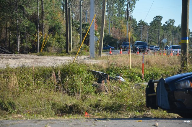 The motorcycle swerved off U.S. 1 where the traffic cones are, and struck a road sign and a culvert before going airborne. (c FlaglerLive)