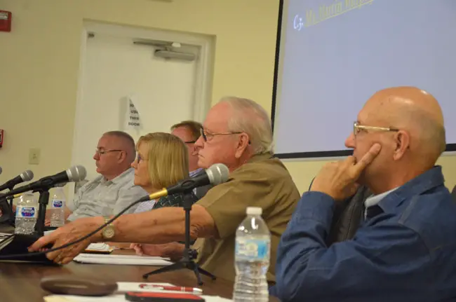 Bunnell City Commissioners during their interviews of two candidates for manager Monday evening. (© FlaglerLive)
