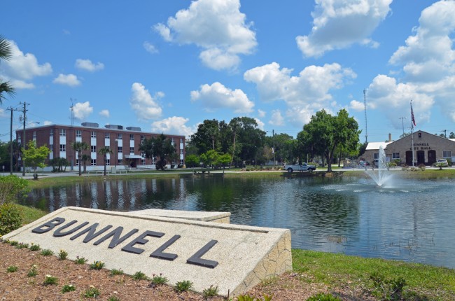 Bunnell's 800-acre economic redevelopment zone encompasses the old county courthouse, to the left, and the old city hall, to the right. Click on the image for larger view. (© FlaglerLive)