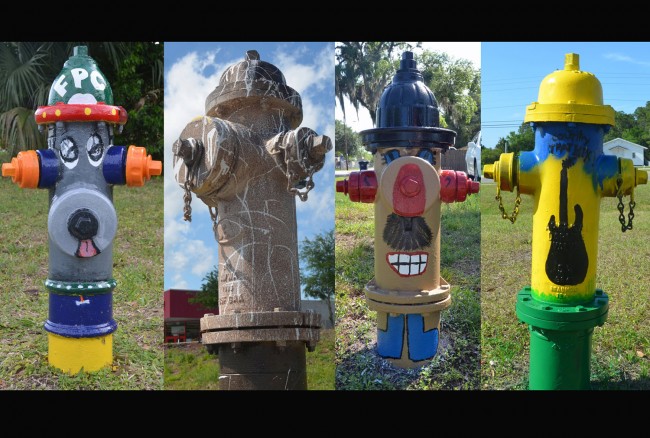 Just four examples of some three dozen hydrants in Bunnell that organizations and individuals have claimed to transform artistically in the run-up to a judging contest Saturday. Click on the image for larger view. (© FlaglerLive)