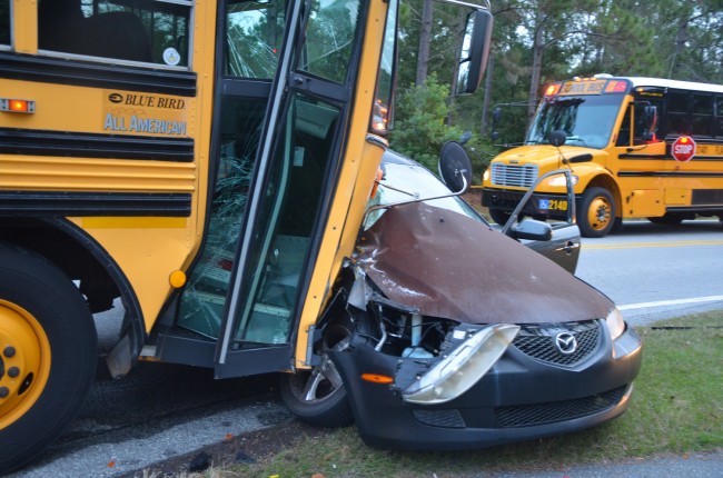 The Mazda was catapulted in the way of the bus. Click on the image for larger view. (© FlaglerLive)