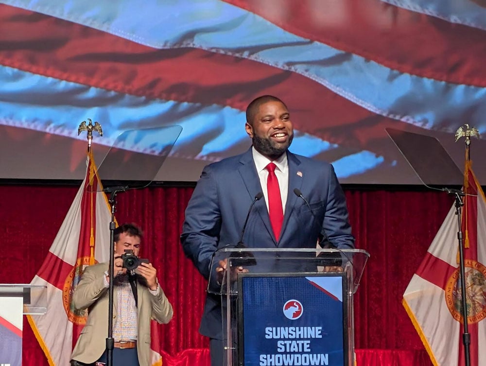 Florida Republican U.S. House member and gubernatorial candidate Byron Donalds addressing the Sunshine State Showdown in Davie on June 27, 2026. (Photo by Mitch Perry/Florida Phoenix)