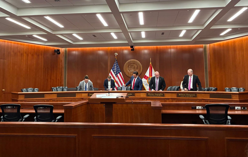 Gov. Ron DeSantis and the Florida Cabinet met in Tallahassee on Feb. 24, 2026, to approve immigration dollars. (Photo by Liv Caputo/Florida Phoenix)