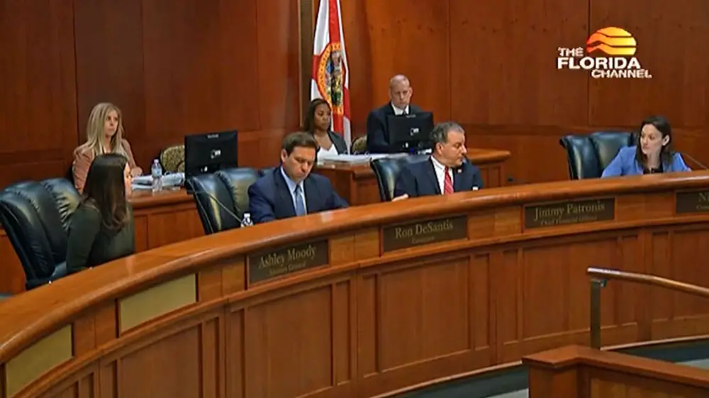 The new law restricting protesting in Florida also gives the Florida Cabinet and the governor the power to override local governments' decisions on police budgets.  (© FlaglerLive via Florida Channel)
