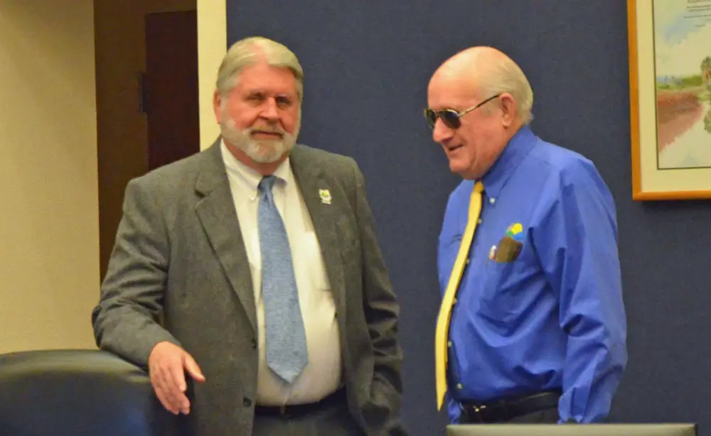 County Administrator Jerry Cameron, left, gave County Commissioner Dave Sullivan inaccurate or confused information on Monday when asked about the financing of the proposed Sheriff's Operations Center. (© FlaglerLive)