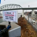 American ‘Elbows Up for Canada’ protesters gather near The Peace Bridge border crossing in Buffalo, N.Y., in April 2025.