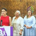 First Lady Casey DeSantis announces a cancer resource website called Florida Cancer Connect on Aug. 3, 2022. Some cancer survivors stand behind her. (Florida Channel)