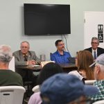 The three candidates at the Woman's Club forum in Flagler Beach Tuesday. From left, Rick Belhumeur, R.J. Santore, and Scott Spradley. (© FlaglerLive)