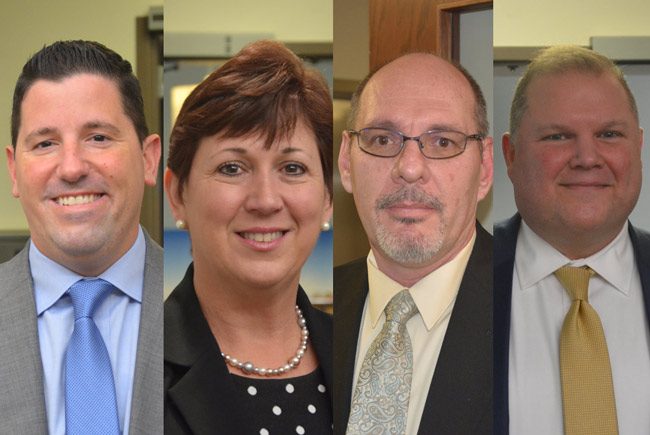 The four candidates interviewed for city manager today. From left, Beau Falgout, Robin Hayes, Donald Kewley, and Matthew Morton. (© FlaglerLive)