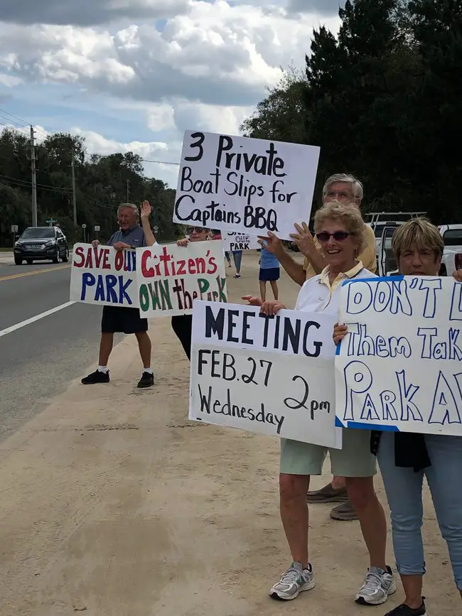 Protesters of the county's plan to allow an expansion of Captain's BBQ at Bing's Landing have been demonstrating every Sunday for two months, as they did last Sunday, ahead of today's hearing on the matter before the County Commission, at 2 p.m. See below. (c Carol Scott for FlaglerLive)