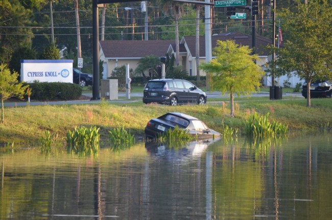 A pair of bus drivers called in their spotting of the Honda in the retention pond at 6:41 Wednesday morning. (© FlaglerLive)