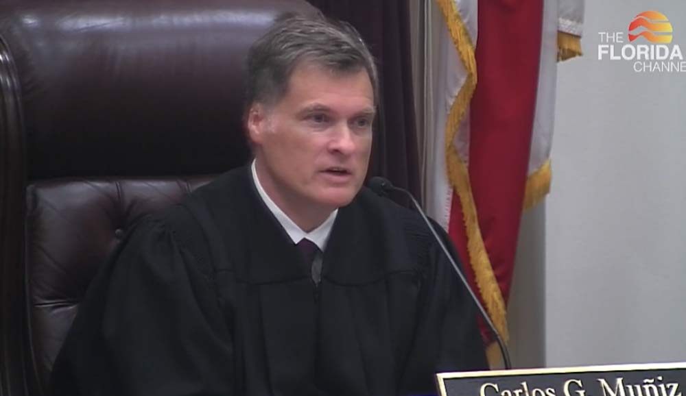 Florida Supreme Court Chief Justice Carlos Muñiz participated in oral arguments over abortion rights in Florida on Sept. 8, 2023. Source: Screenshot/Florida Channel