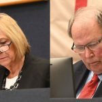 Not on the same page: County Commissioners Kim Carney and Greg Hansen. (© FlaglerLive)