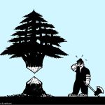 Cedar Lebanon woodcutter War resilience axe tree by Emad Hajjaj, Alaraby Aljadeed newspaper , London