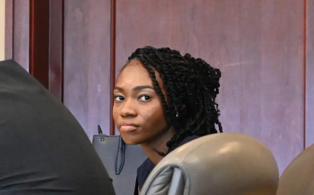 Luciana Celestin at her sentencing hearing this afternoon at the Flagler County courthouse. (© FlaglerLive)