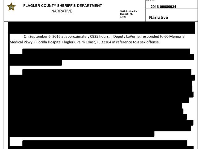 Part of what the report of an alleged rape in Palm Coast, after the victim was also allegedly raped in Daytona Beach, looked like when issued by the sheriff's office today. The full report, below is equally censored. 