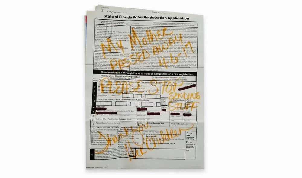 The Center for Voter Information has faced reports it sends voter registration forms to deceased people, like this one returned blank to elections officials in Florida. (Pasco County Supervisor of Elections)