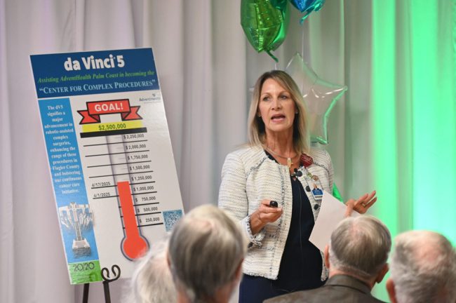 Denyse Bales-Chubb speaking to the audience at Monday's state-of-the-hospital event. (© FlaglerLive)
