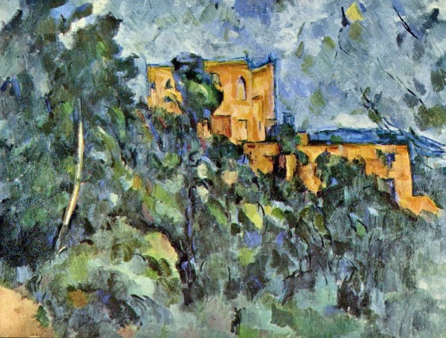 From WikiArt: On a hillside near the Bibémus quarry stood an old country house known as the Château Noir (whose name—the “black manor”—may relate to a previous exterior color). Cézanne began to paint in the area around 1900, finding numerous motifs in the dense woods on the grounds of the estate, for example: Trees and Rocks in the Park of the Château Noir, c. 1904. The house, in its decrepit isolation, inspired some of the artist’s most foreboding images. The eerie structure seen in Château Noir, 1900–1904, seemingly in ruins, is half-hidden behind pines that, like the rocks of Bibémus, almost obstruct the sky. Cézanne’s saturated palette—dark greens, blues and ochers—makes the scene all the more powerful. The somber, enclosed spaces of the paintings of the Château Noir and the Bibémus quarry count among his most emotionally profound pictures and are indicative of a decided melancholy that pervades Cézanne’s work in his last decade. By this time, suffering from diabetes, the artist had become obsessed with the reality of his own mortality. Click on the art for larger view. 