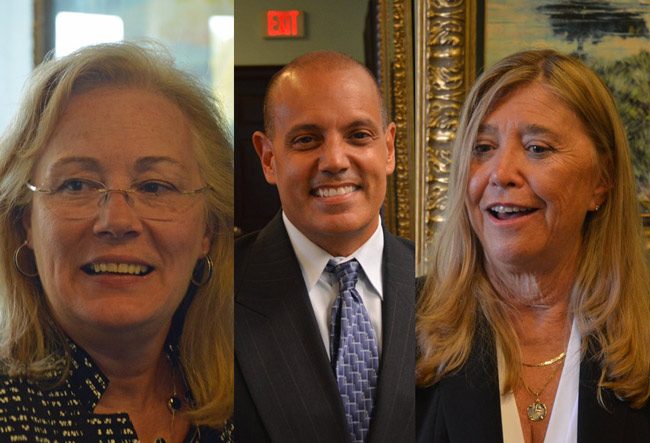 In a meet-and-greet Friday, the Flagler County Chamber of Commerce introduced the community to its three short-listed candidates to take over the presidency of the chamber. They are, from left, Tresa Calfee, Jorge Guitterez, and Louise Murtagh. (© FlaglerLive)