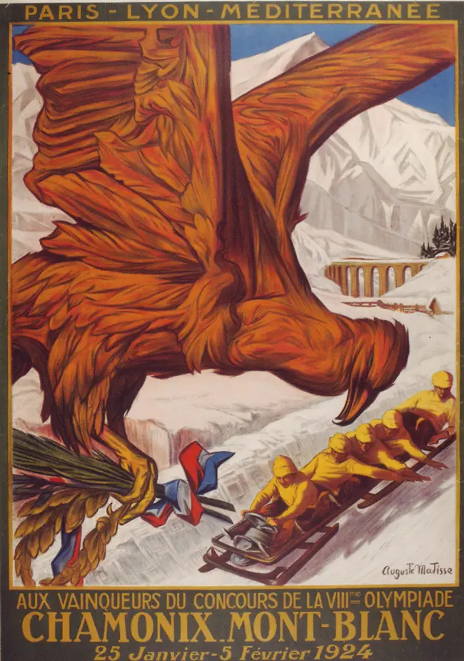 A promotion of the first Winter Olympics, which started on this day in 1924 in Chamonix, France.