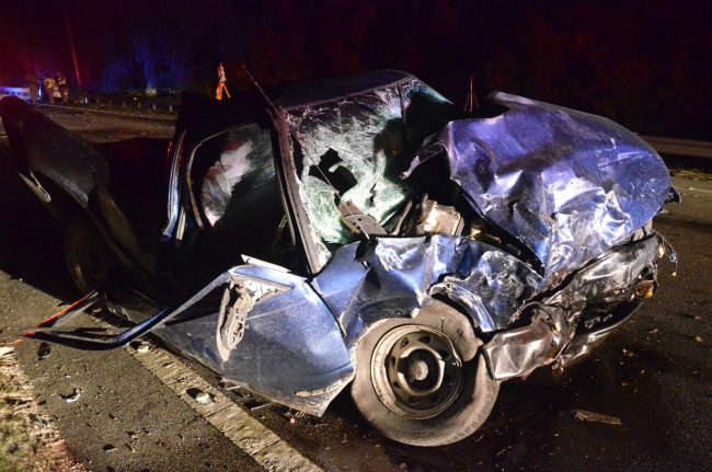 The Chevy pick-up that ended up catapulted against the on-coming pick-up. Click on the image for larger view. (© FlaglerLive)